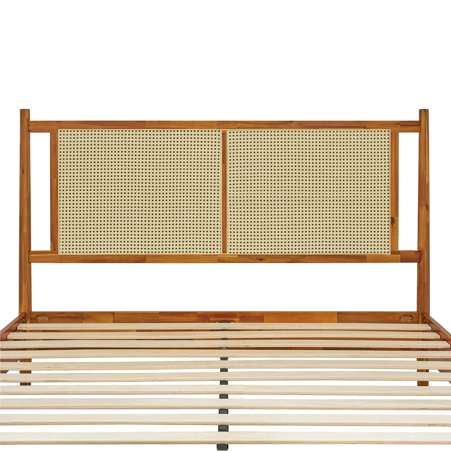 BME Asher 47" Queen Platform Bed Frame, Rattan Headboard, Mid Century and Boho, Solid Wood, Caramel