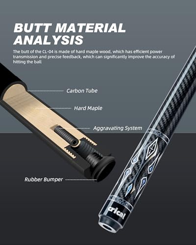 CRICAL Carbon Fiber Pool Cue Stick 58" Billiard Cue Sticks Professional Low Deflection Pool Sticks with 3/8 * 8 Pin Joint and 12.5mm Tip