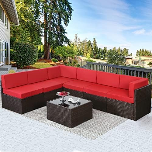 U-MAX 7 Piece Outdoor Patio Furniture Set, PE Rattan Outdoor Wicker Sectional Furniture Chair Set with Cushions and Tea Table