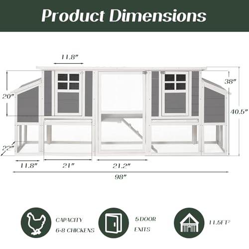 AECOJOY 98'' Extra Large Chicken Coop with Run, Wood Chicken House with 4 Nesting Boxes & Pull-Out Tray for 6-8 Chickens
