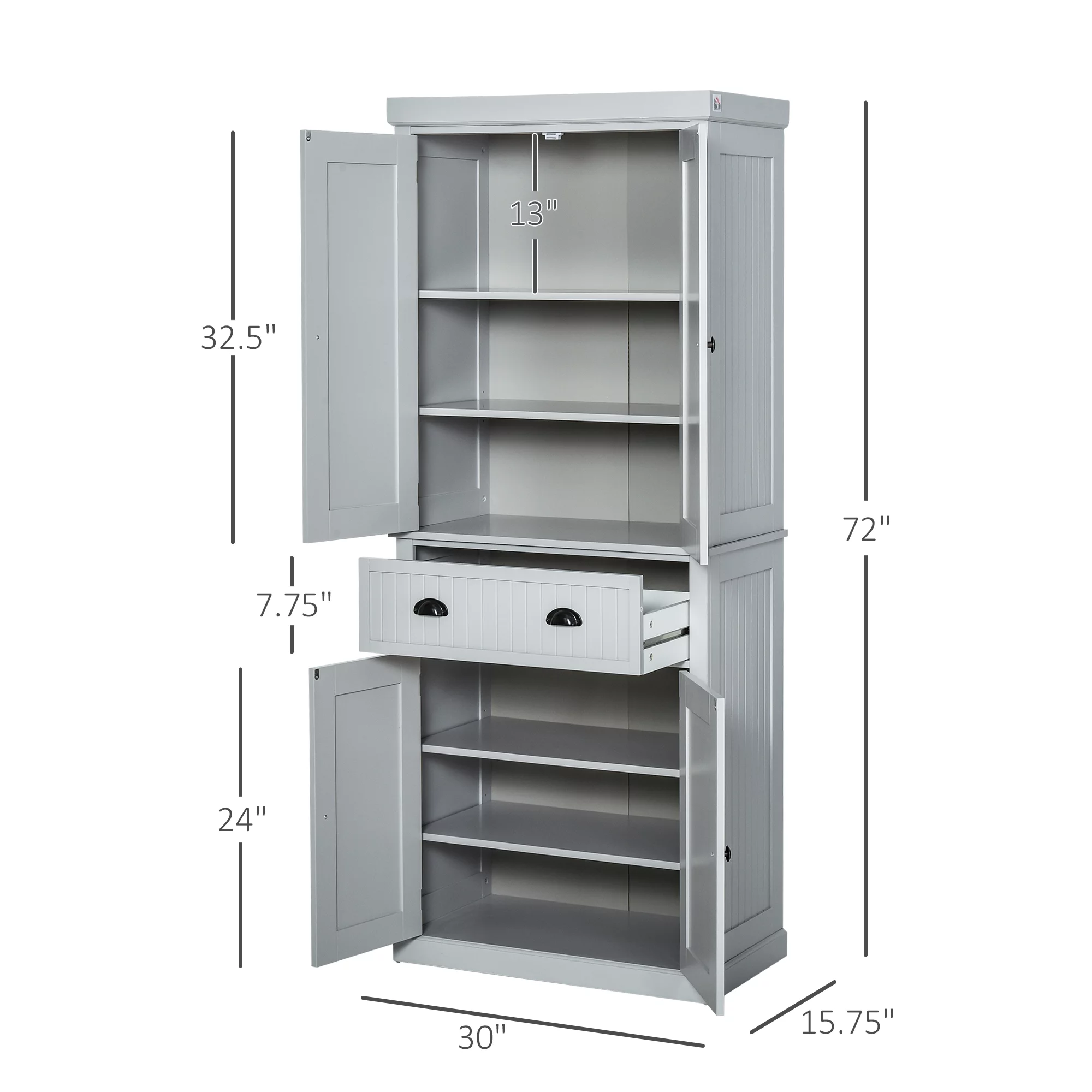 HOMCOM 72" Kitchen Pantry, Tall Storage Cabinet, Freestanding Cupboard with Drawer, Doors and Adjustable Shelves, Gray