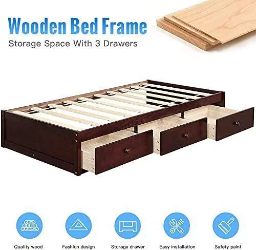 Twin Size Platform Bed Frame with Three Drawers, Sturdy Wood Structure, Small Space & No Box Spring Needed (Brown Cherry)