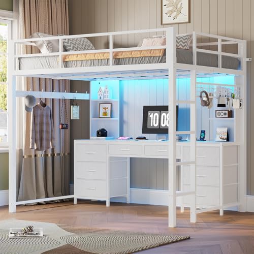 ADORNEVE Full Size Loft Bed with Desk and 8 Storage Drawers, Metal Loft Beds Full with LED Lights & Charging Sation