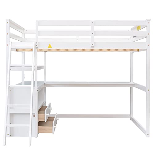 Harper & Bright Designs Twin Size Loft Bed with Wardrobe, Desk and Multiple Storage Shelves, Solid Wood Loft Bed Frame with Bookshelf