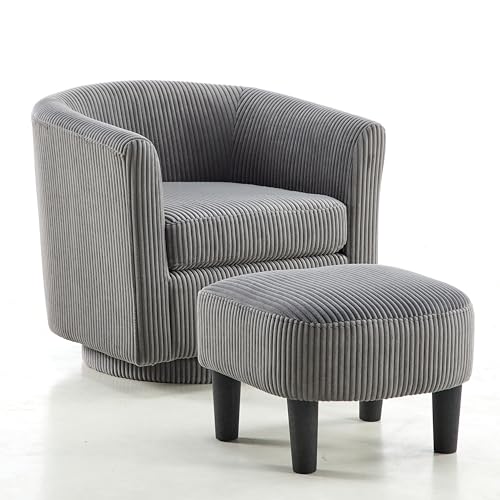 360 Degree Swivel Chair with Ottoman, Modern Upholstered Tufted Barrel Swivel Chair, Corduroy Fabric Accent Chair