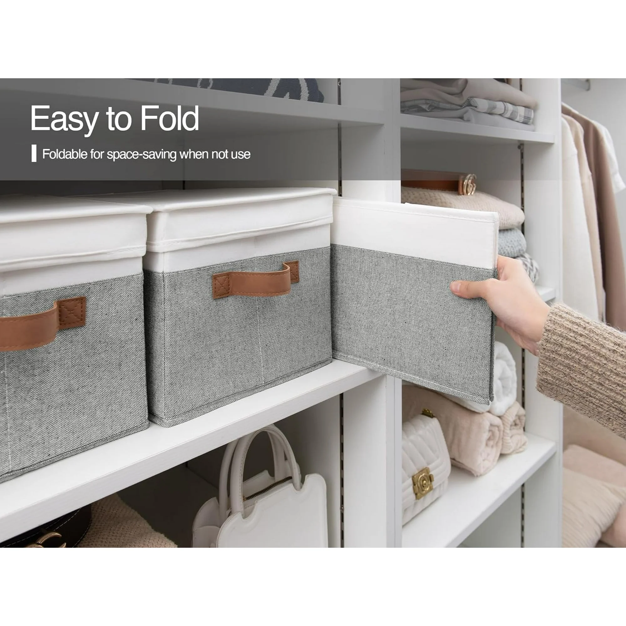 Storage Bins with Lids, Decorative Storage Boxes with Lid and PU Handles, Foldable Storage Baskets for Closet, Shelves, Stackable, Grey and White