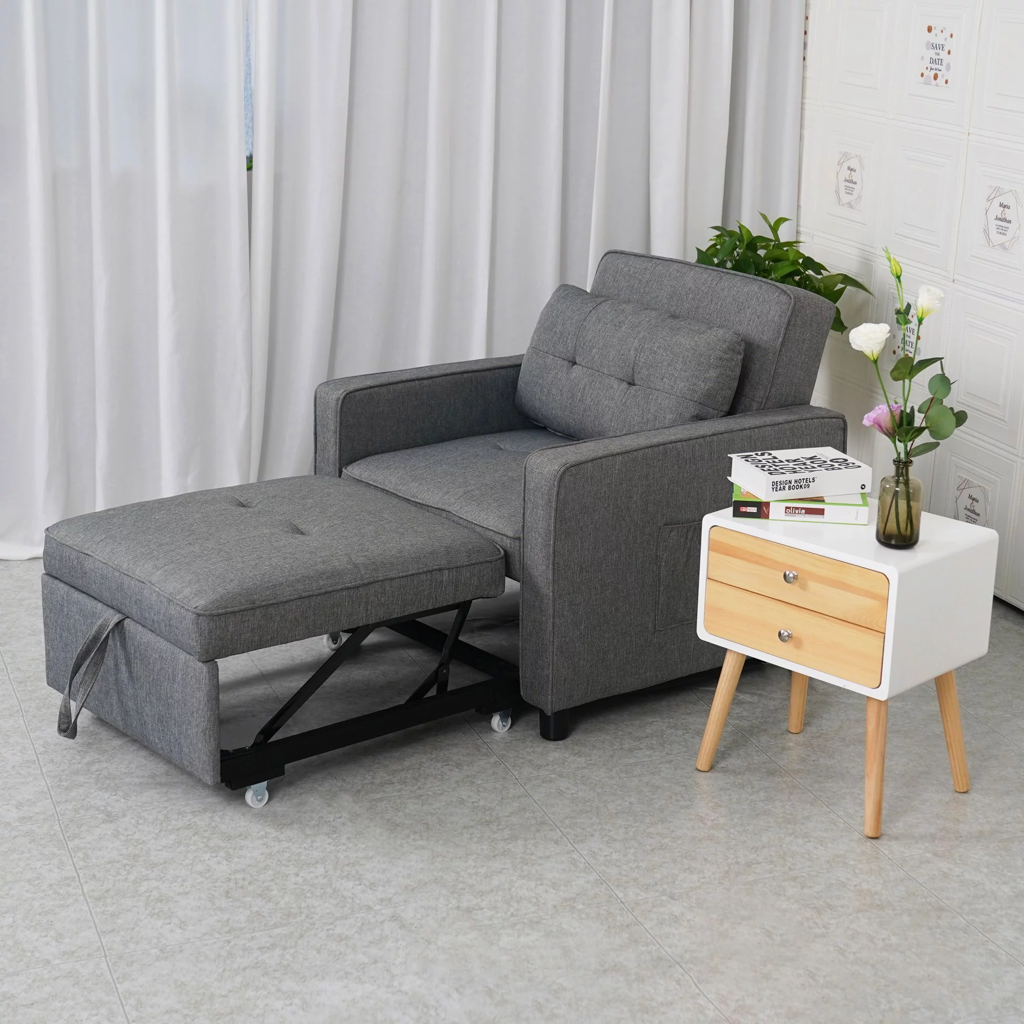 Daybed Convertible Chair Bed Sofa Sleeper 3-in-1 for Adults Single Adjustable Chair with Pillow and Pocket Linen Fabric Modern Arm Chair Light Grey