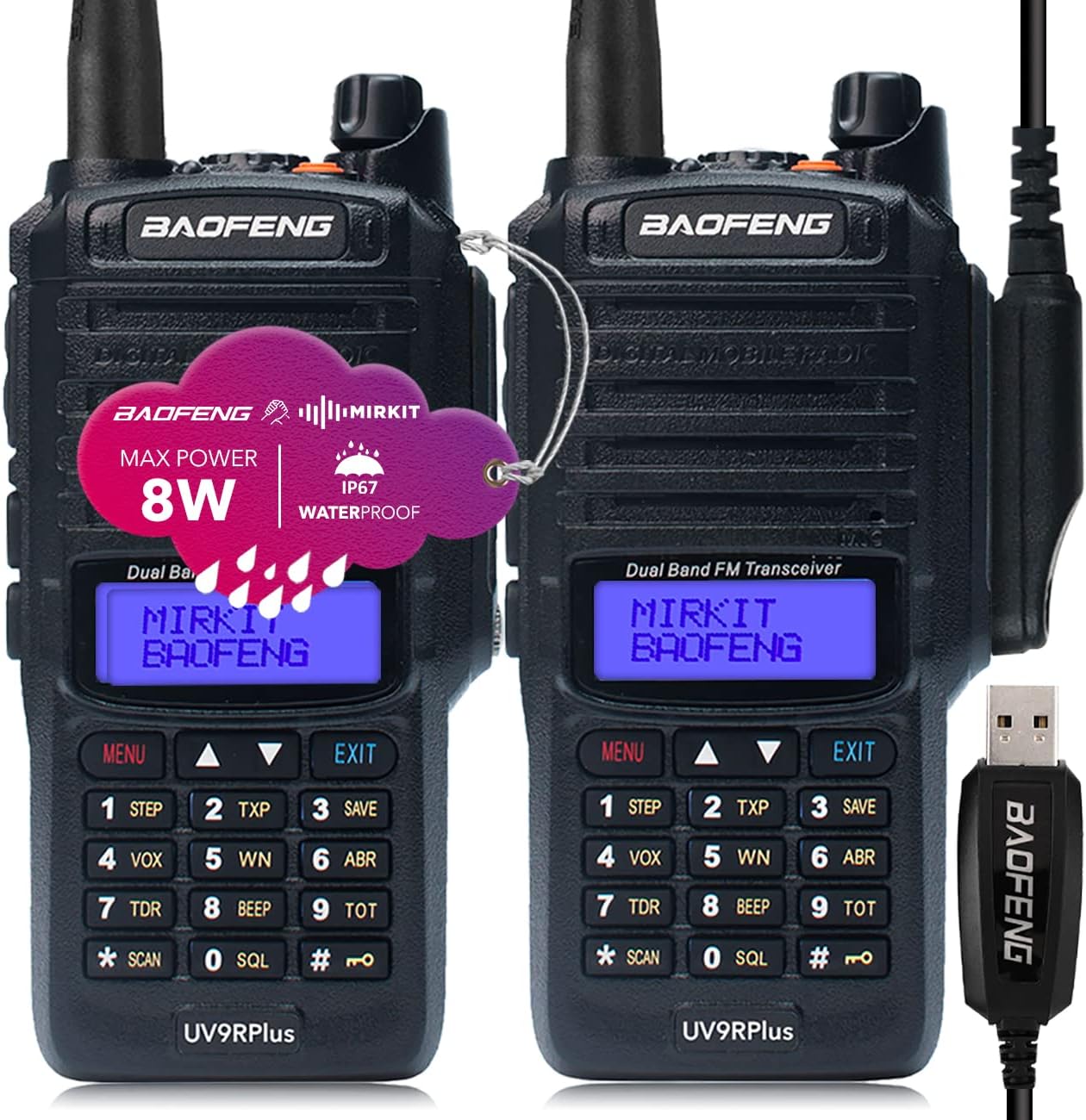 2pcs Mirkit Waterproof Radio Baofeng UV-9R Plus MK1 (UV-82 3rd Generation) 8 Watt Max Power & USB Baofeng Programming Cable & 2200mAh Battery