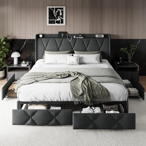 Queen Bed Frame with 4 Storage Drawers and Charging Station, Upholstered Platform Bed Frame with Storage Headboard, No Box Spring Needed