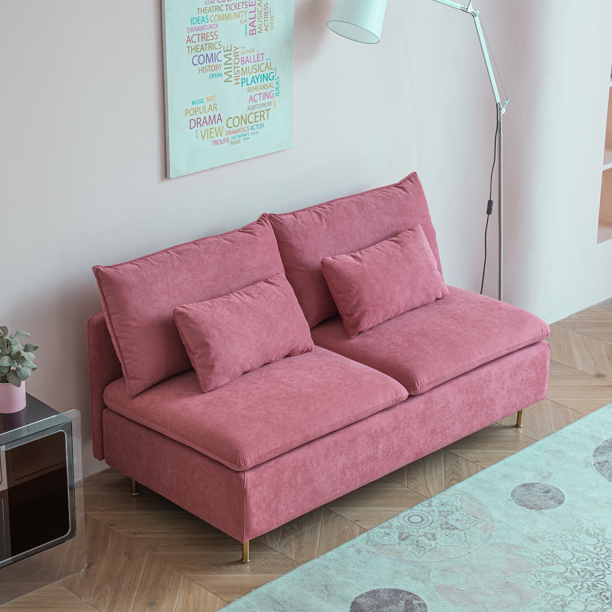 Modern Armless Loveseat Couch，Armless Settee Bench,Pink Cotton Linen-59.8''