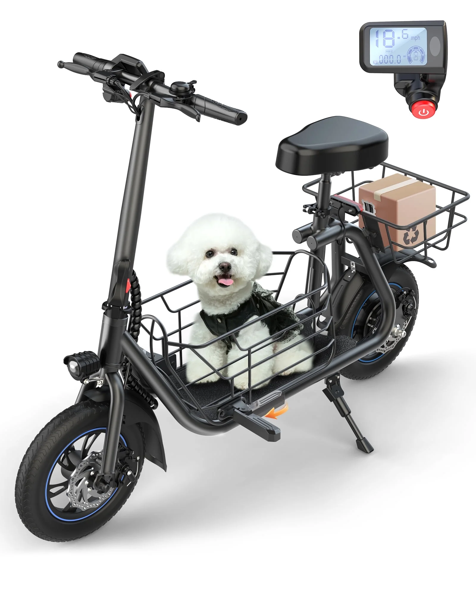 Kistp 550W Electric Scooter with Seat for Adult, 12 inch Commuter Electric Scooter for Pets with Front & Back Basket for Pets, Bigger Seat
