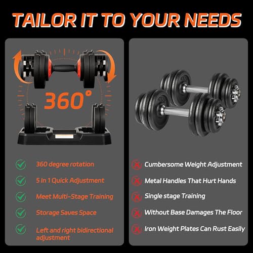 Adjustable Dumbbell, 55LB Dumbbell Set with Tray for Workout Strength Training Fitness