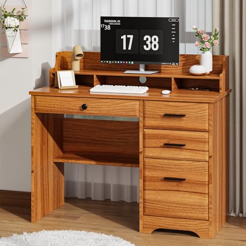 4 EVER WINNER Computer Desk with Storage Drawers and Hutch, 44 Inch Farmhouse Writing Study Desk with Monitor Stand for Small Space