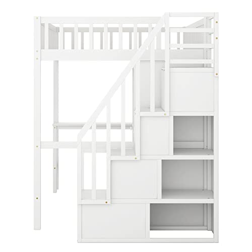 Twin Loft Bed with Staircase, Desk and Wardrobe, Wood Loft Bed with Storage Shelves and Safety Guardrail
