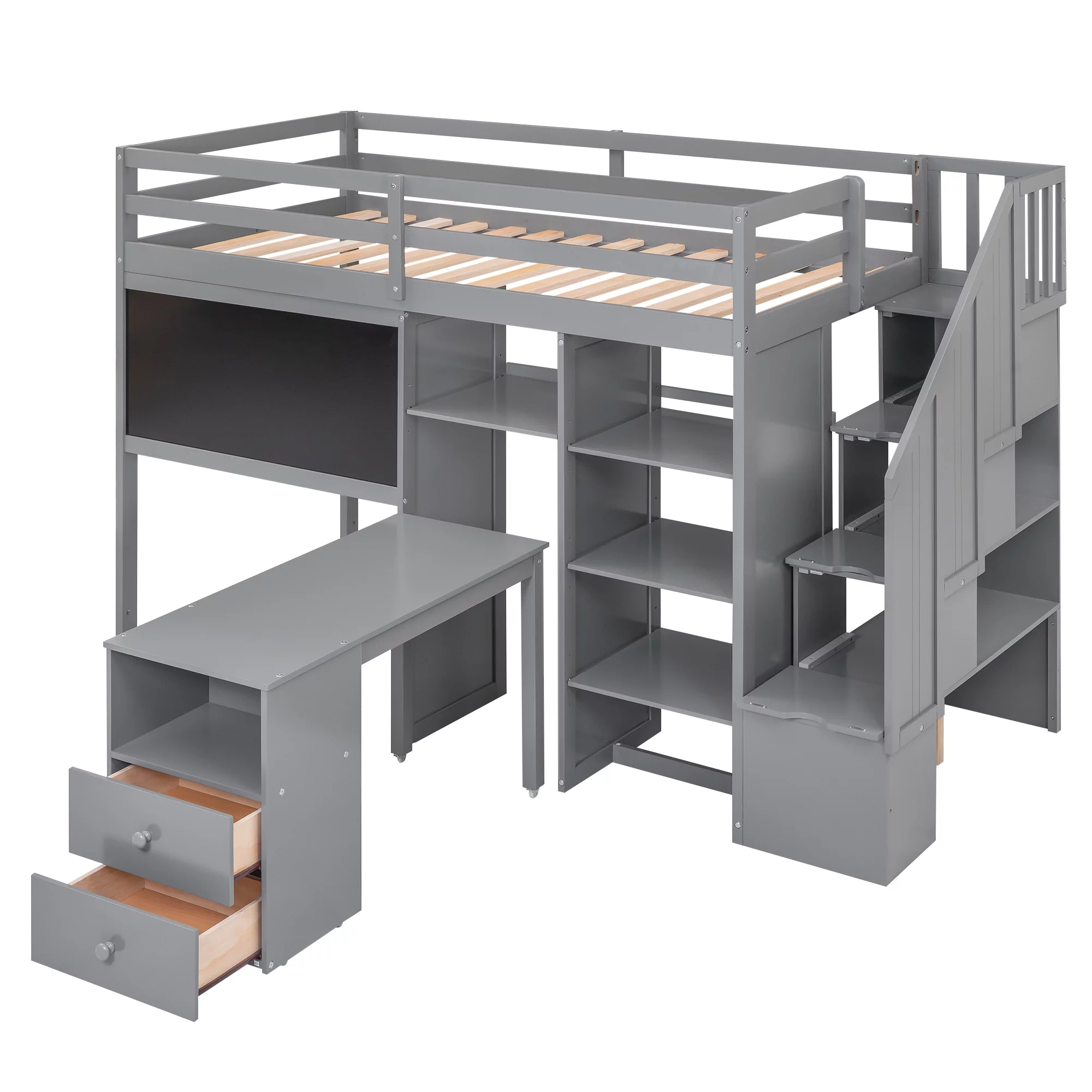 Churanty Twin Size Loft Bed with Pullable Desk and Storage, Wood Loft Bed with Staircase and Blackboard for Kids Teens Adults,Grey