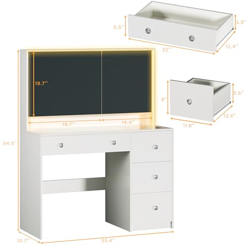 Vanity Desk with Mirror and Lights, 50" Makeup Vanity with Glass Top & Power Outlet, White Vanity with 11 Drawers & 8 Hidden Storage Shelves