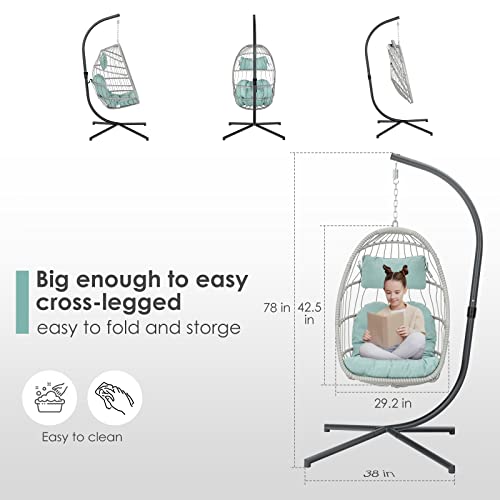 Brafab Hanging Egg Chair with Stand and Footrest, Wicker Egg Swing Chair Indoor Outdoor Aluminum-Steel Frame and UV Resistant Cushion