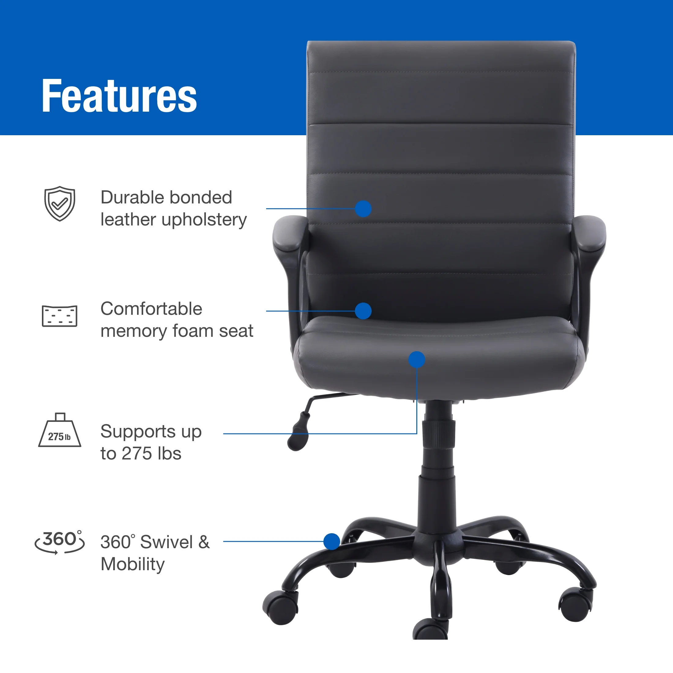 Mainstays Bonded Leather Mid-Back Manager's Office Chair, Gray