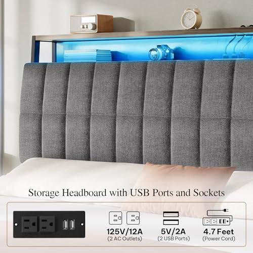 YITAHOME Queen Size Bed Frame with RGB LED Lights and 4 Drawers, Upholstered Platform Bed with Charging Station and Storage Headboard
