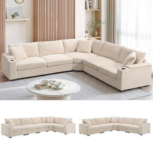 Merax 106" Corduroy Sectional Corner Sofa with Cup Holders & USB Charger, 5 Seat Convertible L Shaped Couch Set with Armrest Storage