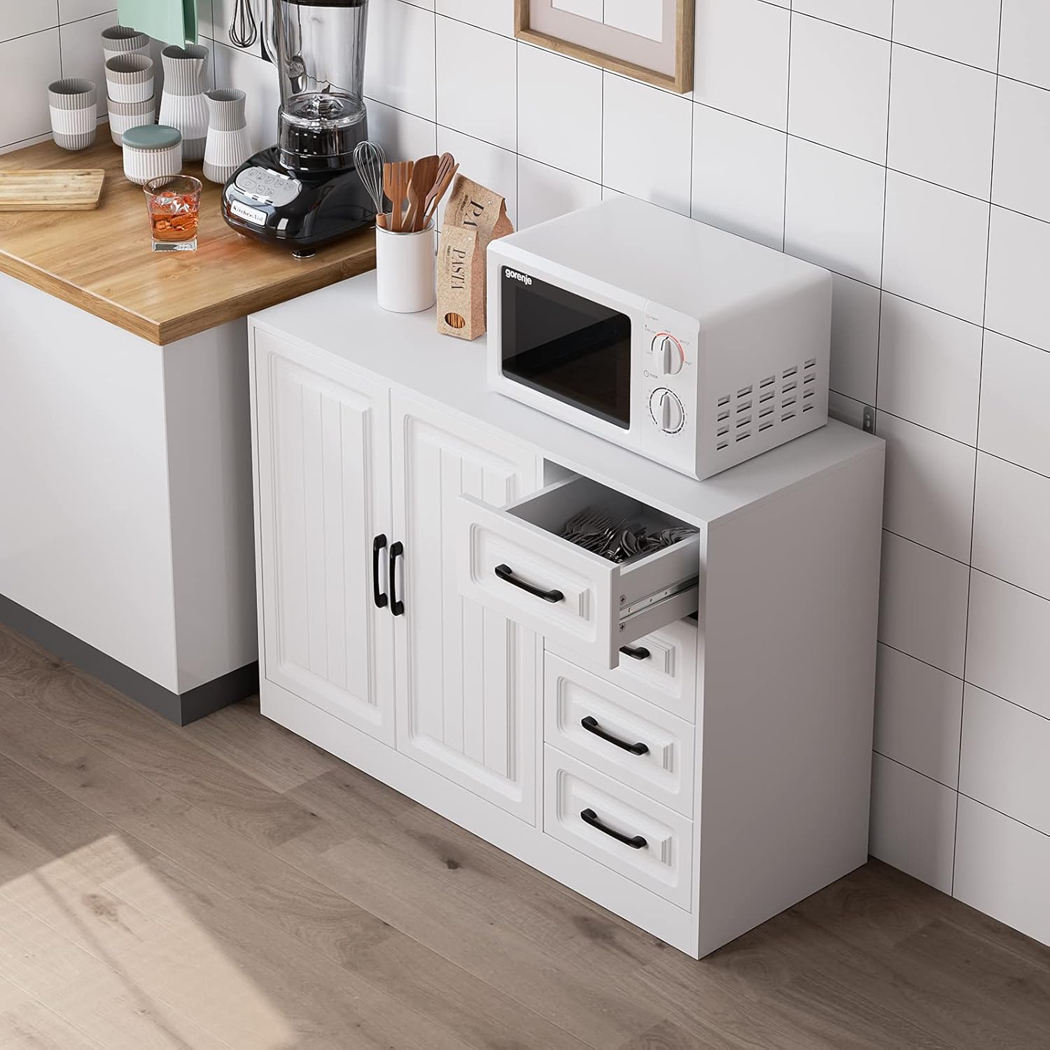 Kitchen Storage Buffet Cabinet, Large Sideboard with 2 Doors and 4 Drawers, Wood Floor Cupboard with Adjustable Shelf for Dining Room, Living Room