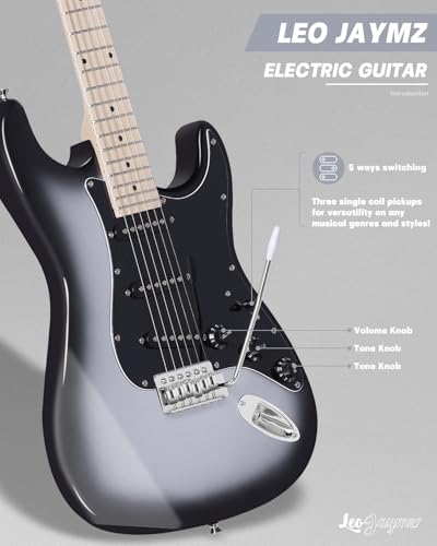 Leo Jaymz 39" Full Size ST Style Electric Guitar Starter Kit with SSH Pickup, 5W Portable Amp, Tuner, Gig Bag, Strap & Accessories (Violet Ocean)