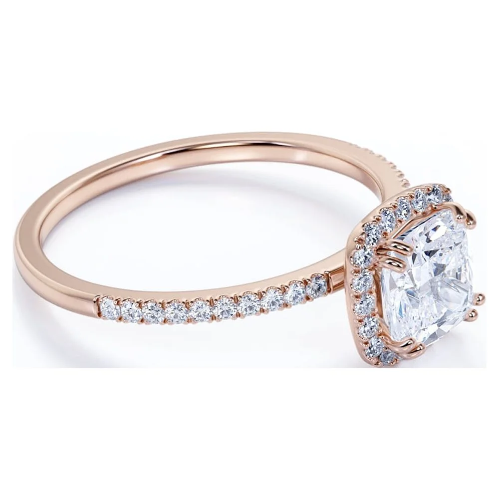 JeenMata 1.75 Carat Cushion cut Moissanite Halo Engagement Ring in 18k Rose Gold Over Silver