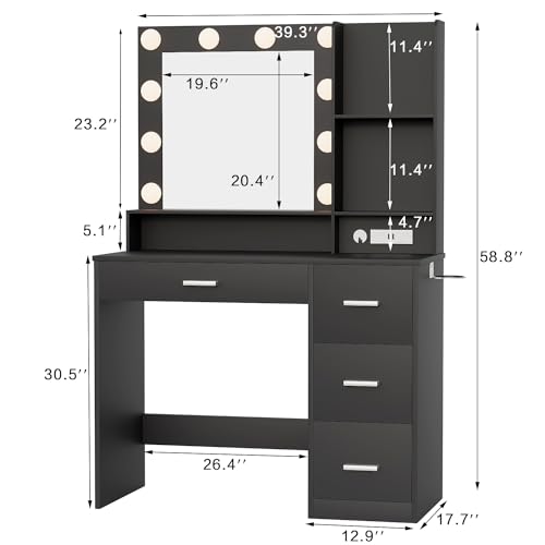 YESHOMY Vanity Desk with Mirror, Power Outlet and 10 Lights, Makeup Table with 4 Drawers, 3 Color Modes Available for Bedroom, White