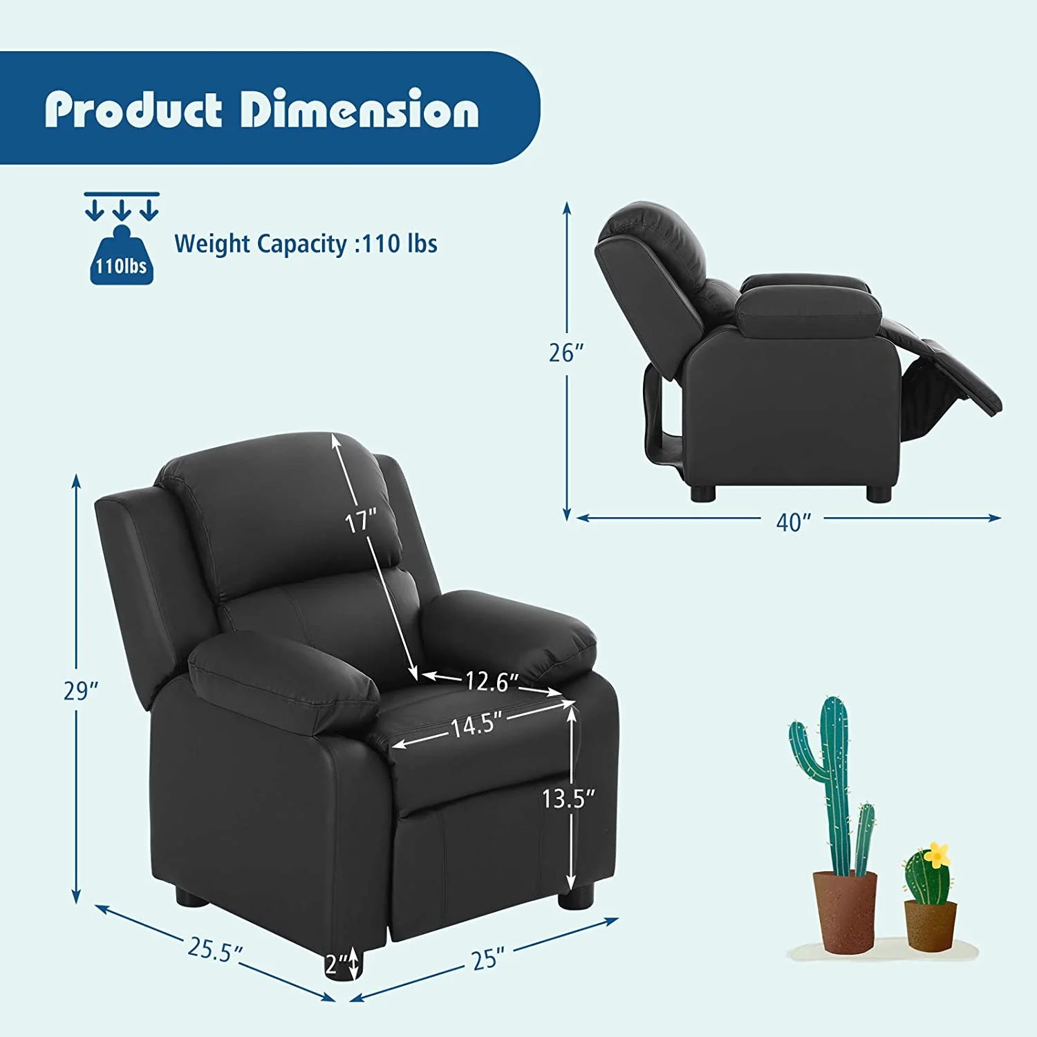 Kids Recliner, Leather Recliner Chair w/Footrest, Armrest Storage, Headrest & Lumbar Support, Ergonomic Lounge Chair for Living & Gaming Room