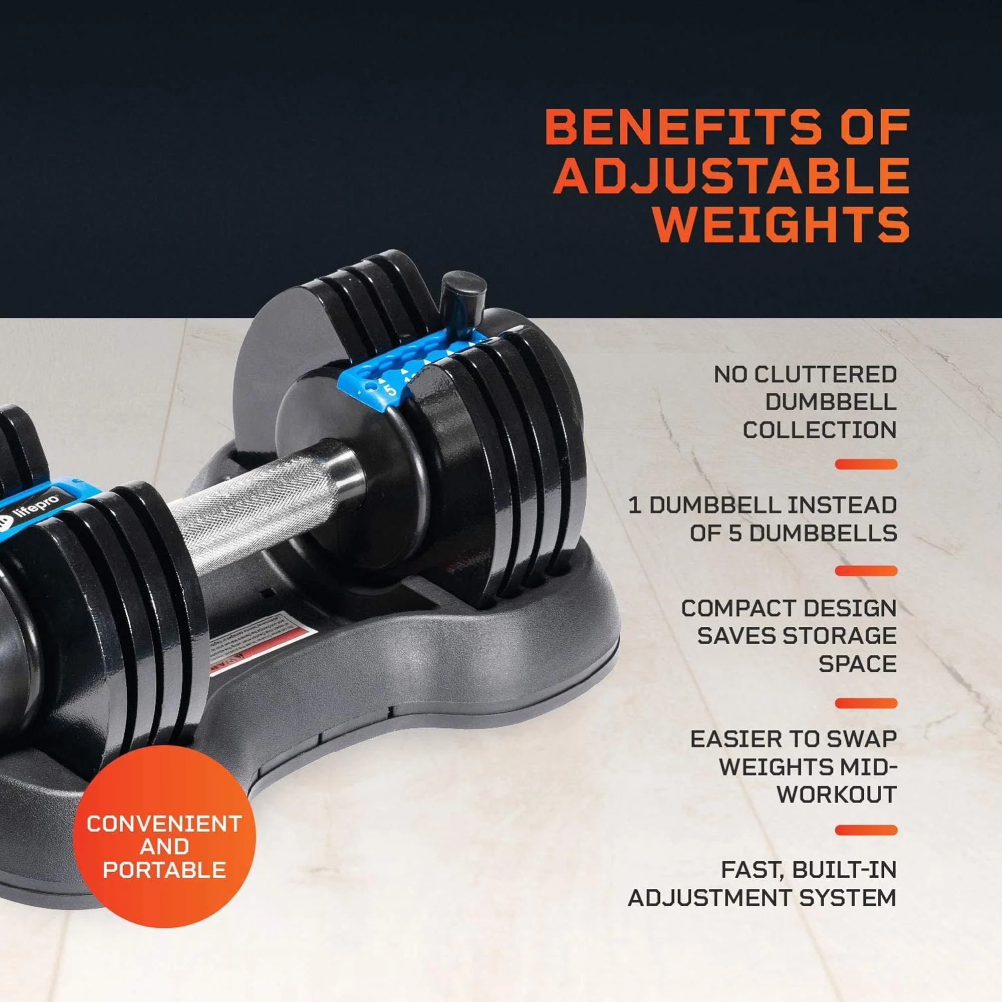 Lifepro PowerFlow Plus 5-in-1 Single 25-lb Adjustable Dumbbell Home Gym Equipment, 2 pc