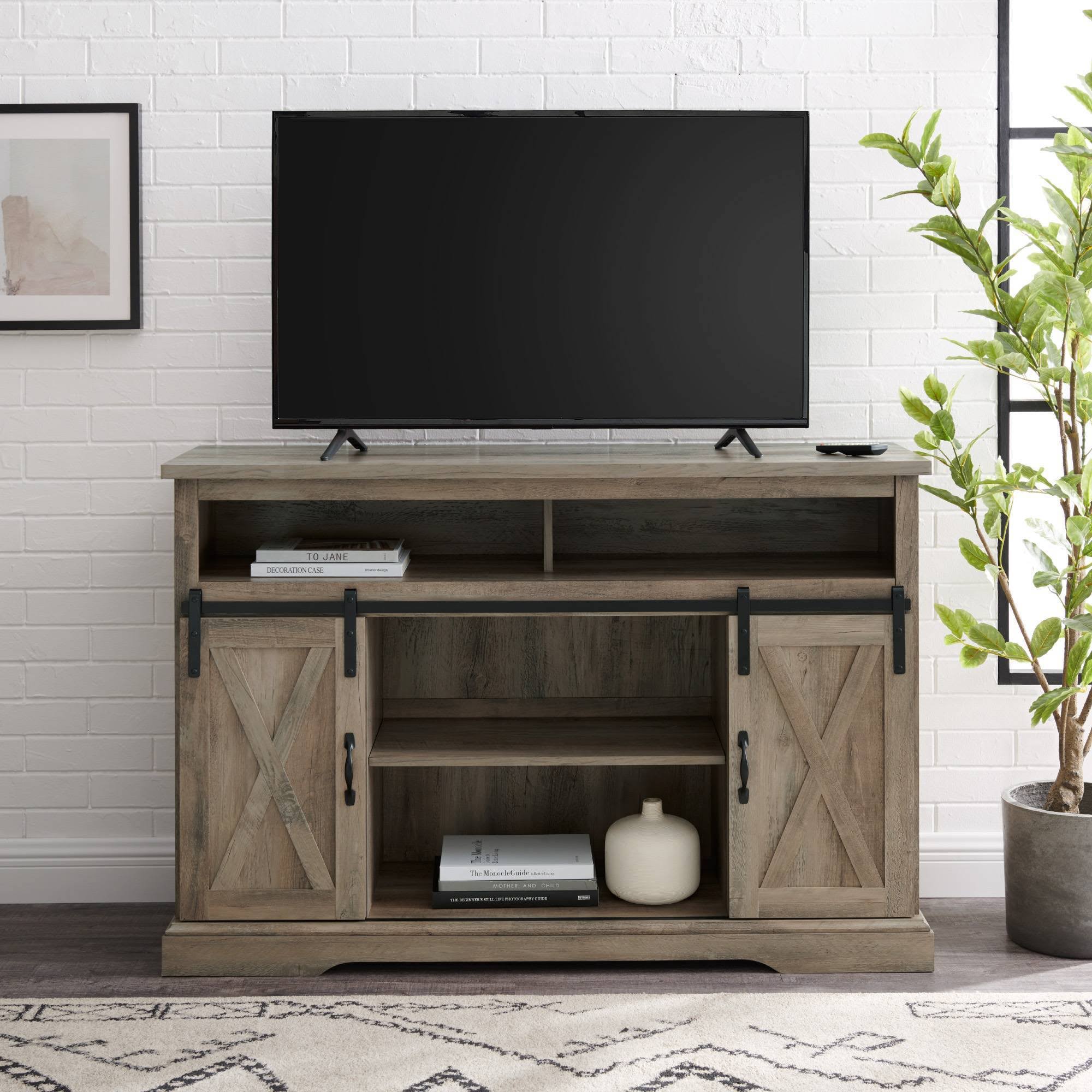 52x22 Sliding Barndoor Modern Farmhouse TV Highboy Storage Stand Gray Wash - Saracina Home
