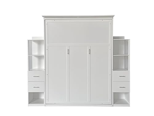 Queen Size Murphy Bed with Desk & Charging Station,Wall Bed Frame Folding into Cabinet Design w/LED & Storage Shelf for Small Space,Bedroom