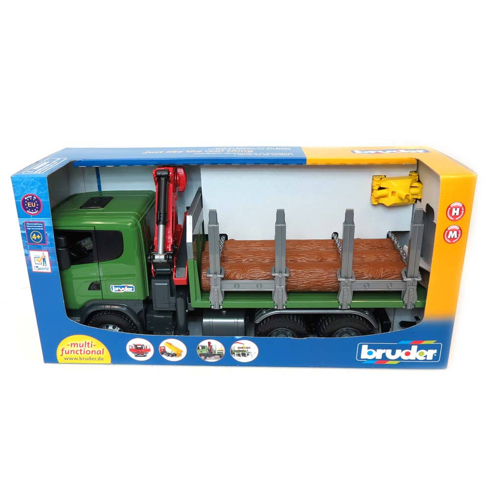 Bruder Scania R-Series Timber Truck with Loading Crane and 3 Trunks