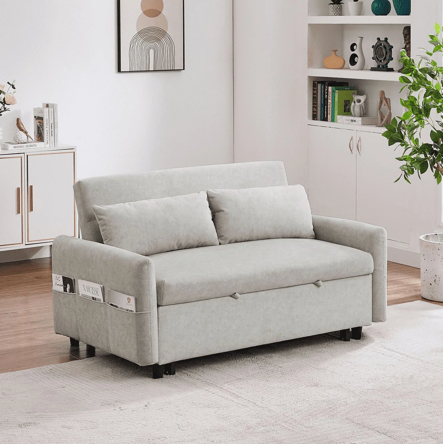 Euroco 55" Loveseat with Pull Out Bed, Sleeper Sofa with Adjustable Backrest, 2 Seater Couch with Pillows, Storage Pockets for Living Room, Beige