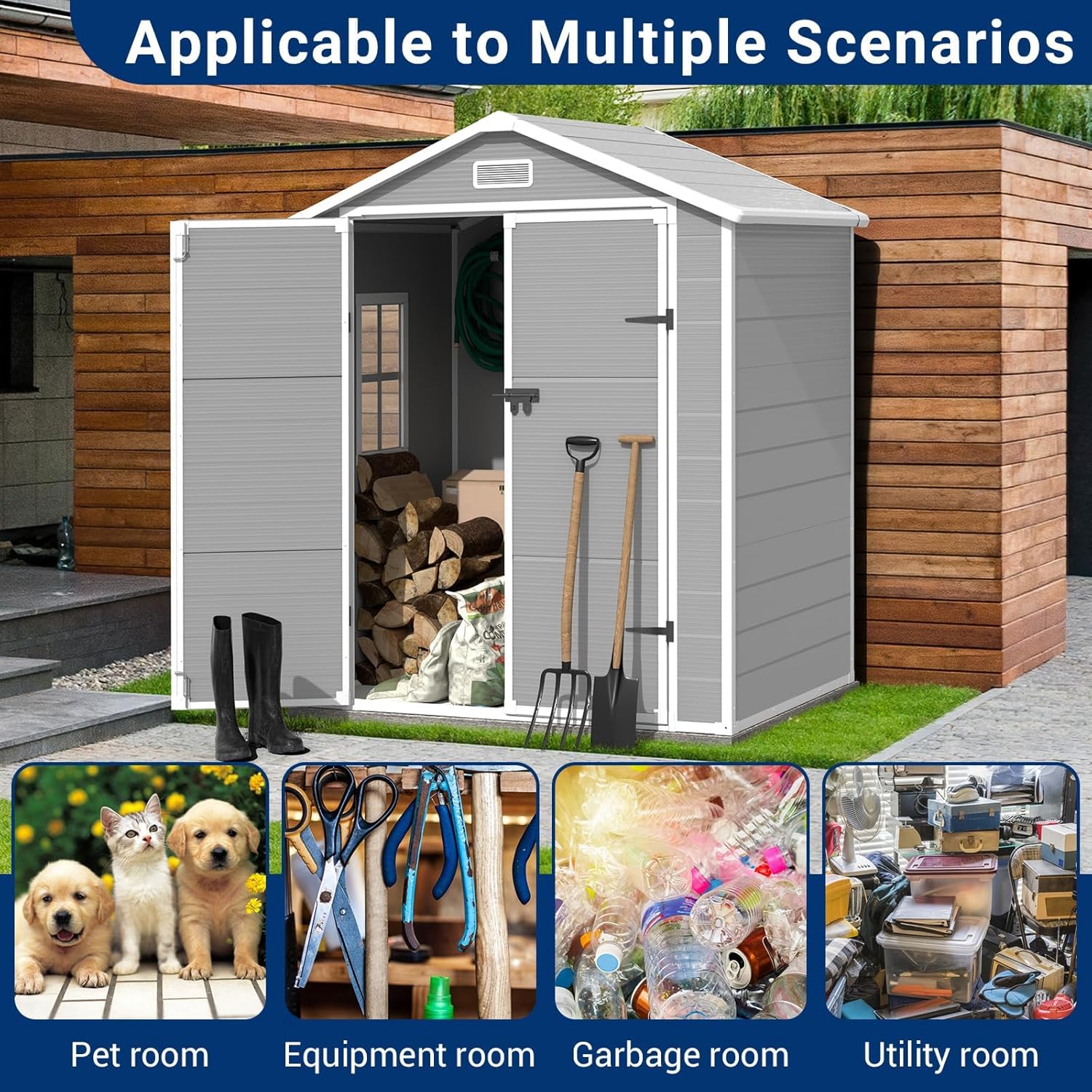 Outdoor Storage Shed, 6x4.5 FT Resin Shed with Floor and Lockable Door, Window & Vents, Tool Sheds & Outdoor Storage for Bike, Garbage Cans