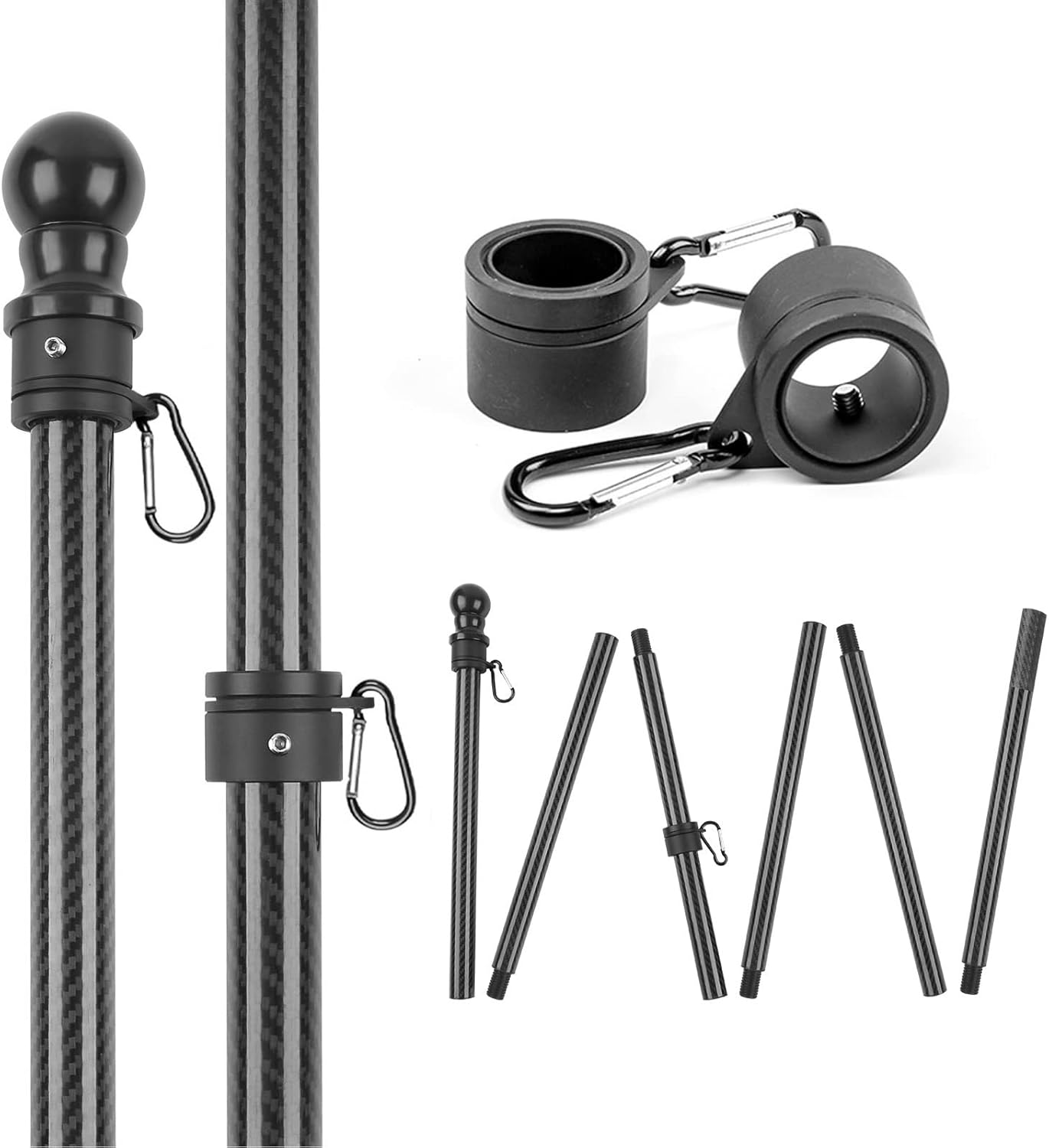 HIBLE Tangle Free Flag Pole 8FT Black Flag Pole 1 inch Pop-up Easy Assemble Lightweight Carbon Fiber Flag Pole for House (no Flag and no Bracket)
