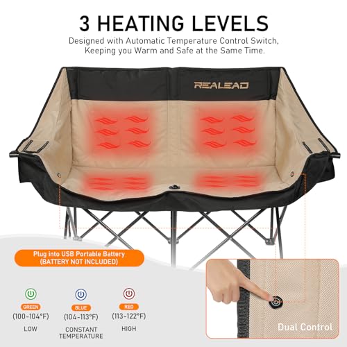 REALEAD Heated Double Camping Chair, 3 Heat Levels and 4 Heating Zones, Portable Heated Loveseat Chair for Outdoor Sports Support 650lbs