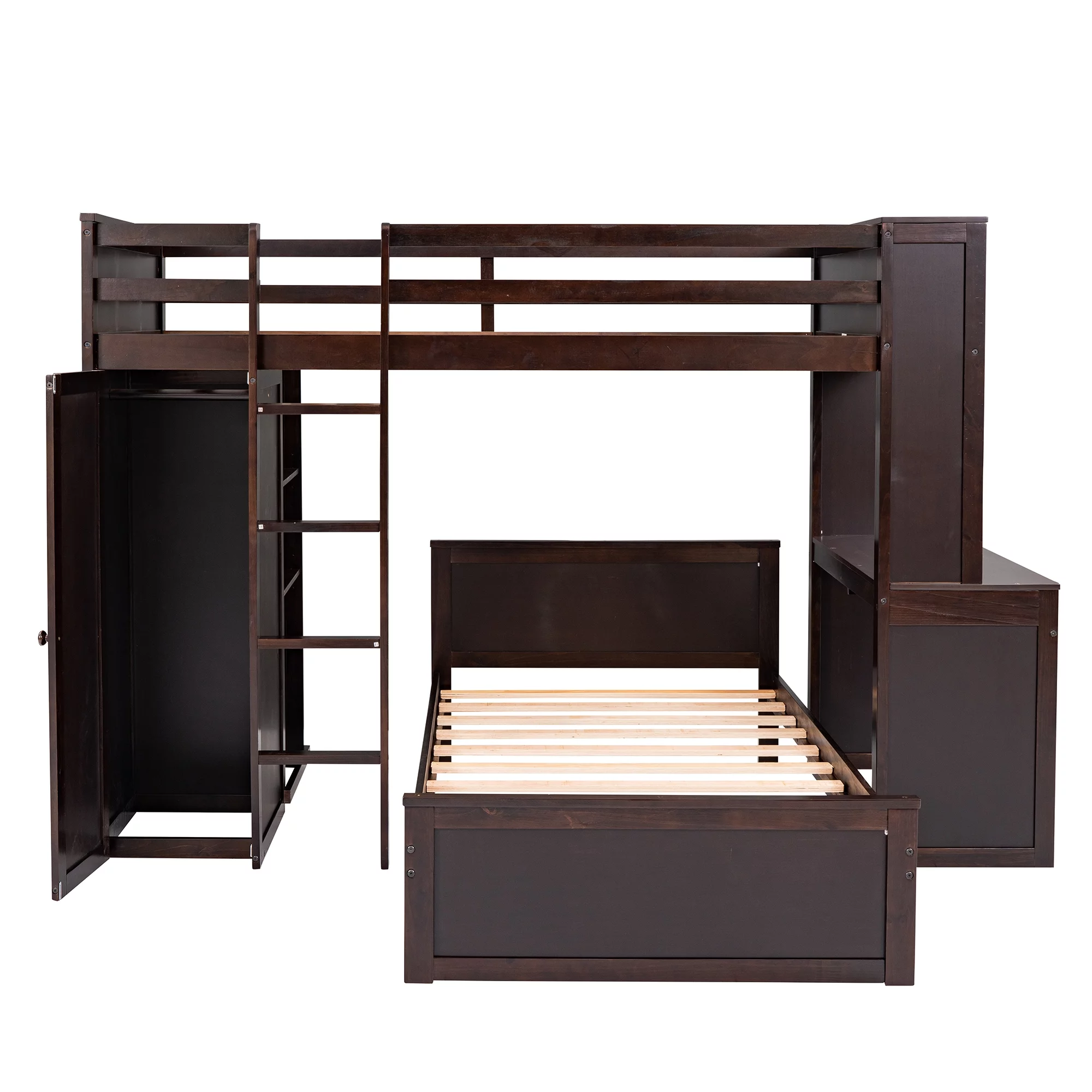 Twin Size Solid Wood Loft Bed with a Stand-alone bed, Shelves, Desk, and Wardrobe, Multifunctional Loft Bed with Ladder, Shelves, Wooden Loft Bed