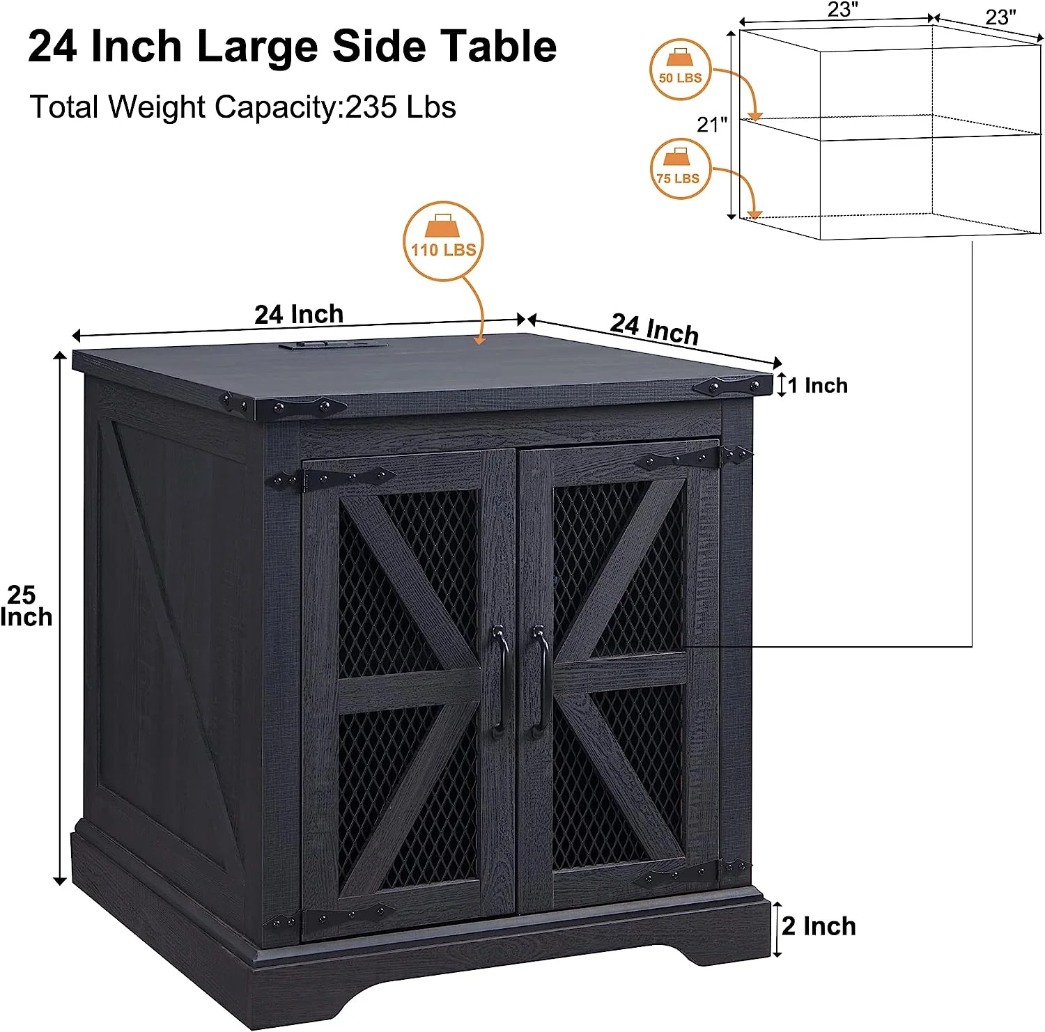 T4TREAM Nightstand with Adjustable Shelves, Farmhouse End Side Table with Charging Station for Bedroom Living Room, Black