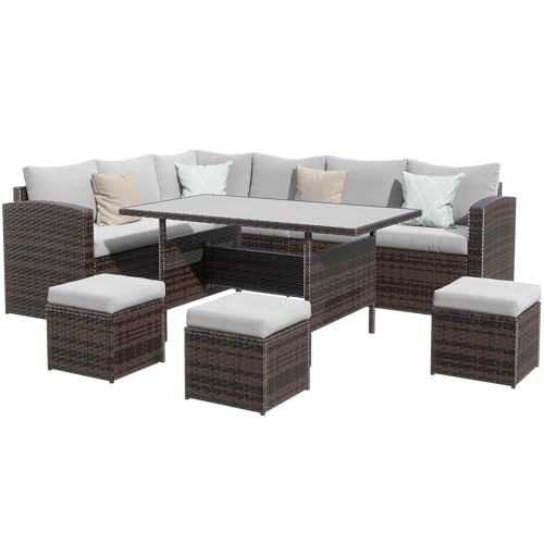 Wisteria Lane Outdoor Patio Furniture Set, 7 Piece Outdoor Dining Sectional Sofa with Dining Table and Chair
