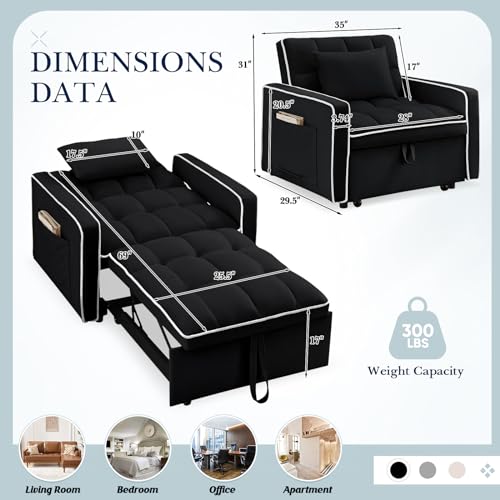 Sleeper Chair, 3 in 1 Convertible Chair Bed,Velvet Tufted Upholstered Single Pullout Sofa Chair Bed with Adjustable Backrest&Side Pockets
