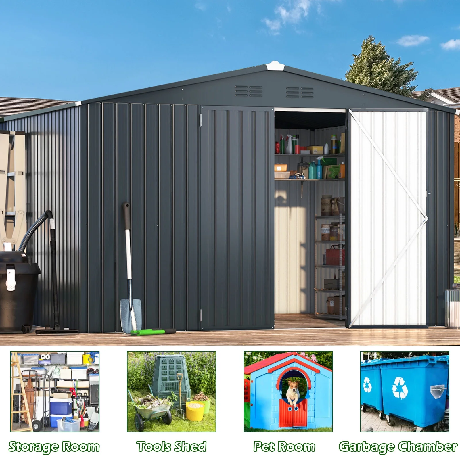 AECOJOY 10' x 12' Outdoor Metal Storage Shed with Lockable Door for Backyard in Gray