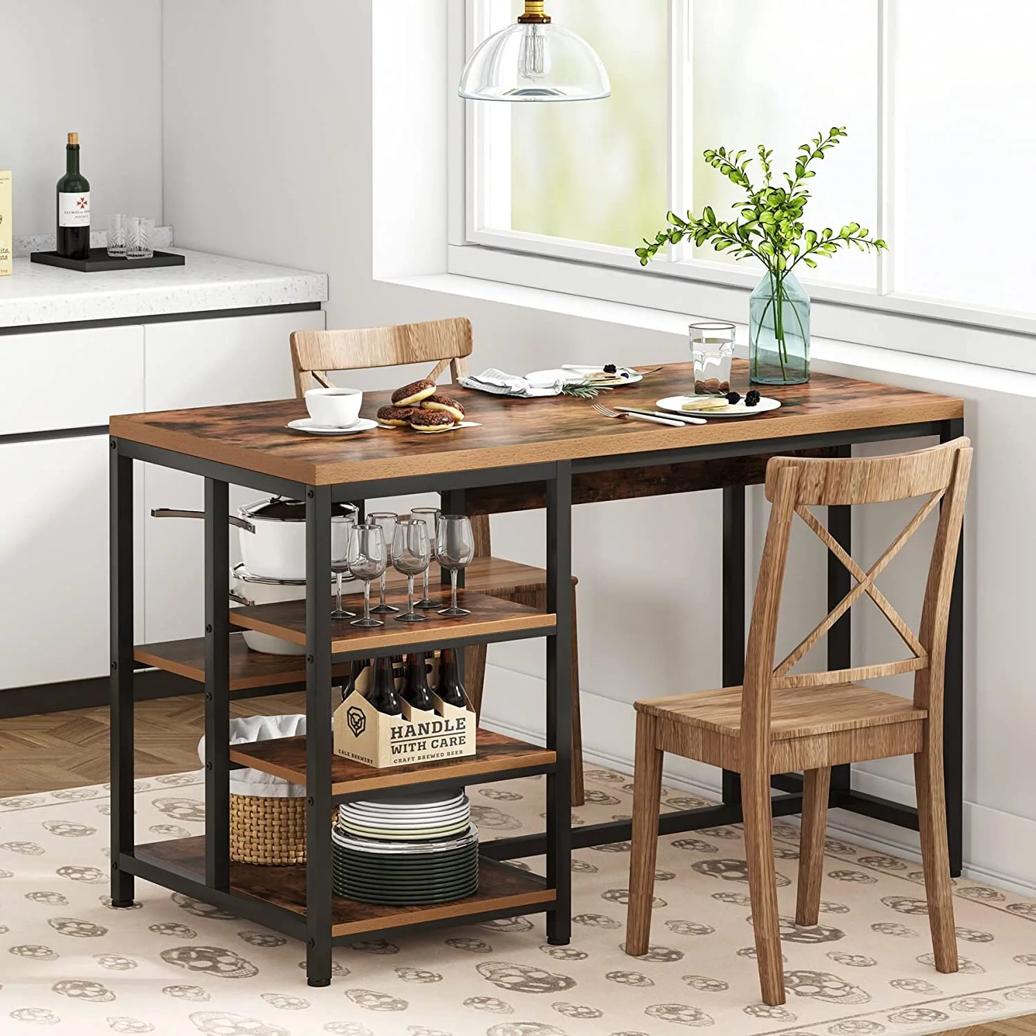 Industrial Kitchen Island with Storage Shelves,Small Dining Table with 5 Shelves, Saving Space(Not Including Stools)