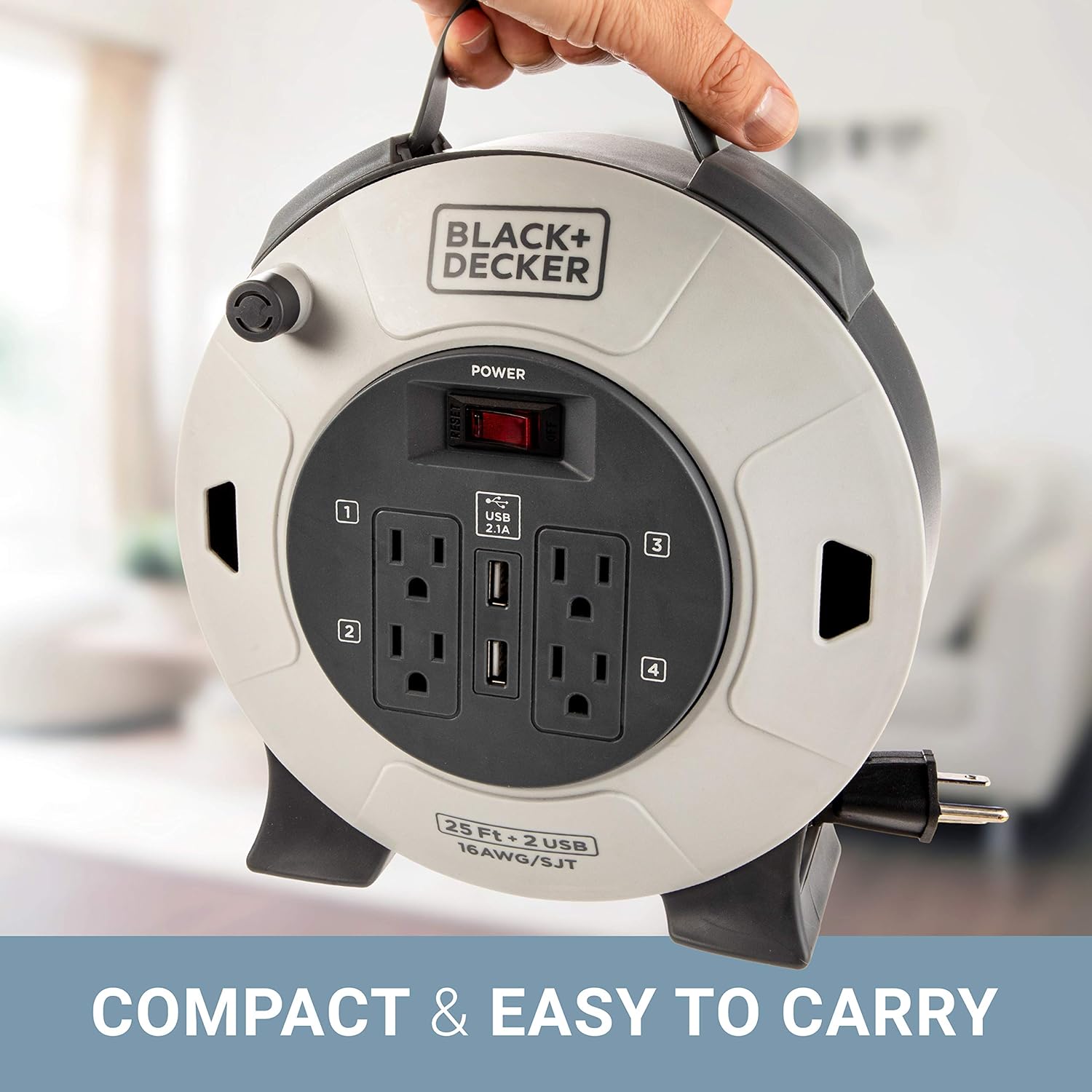 BLACK+DECKER Retractable Extension Cord, 25 ft, 4 Outlets, 2 USB Ports (2.1A), 16AWG SJT Cable - Compact Power Cord Reel with Multi-Plug Extension