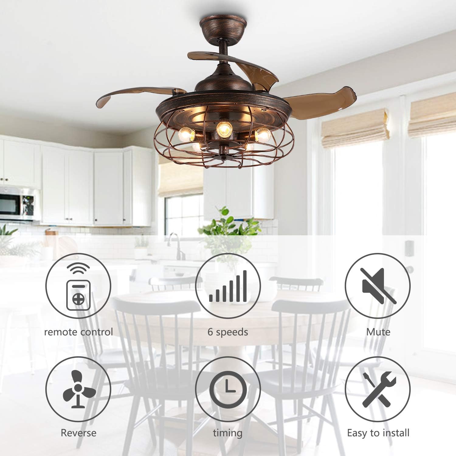 Siljoy 48 Retractable Blades Chandelier Ceiling Fan Industrial Retro Fandelier with Remote