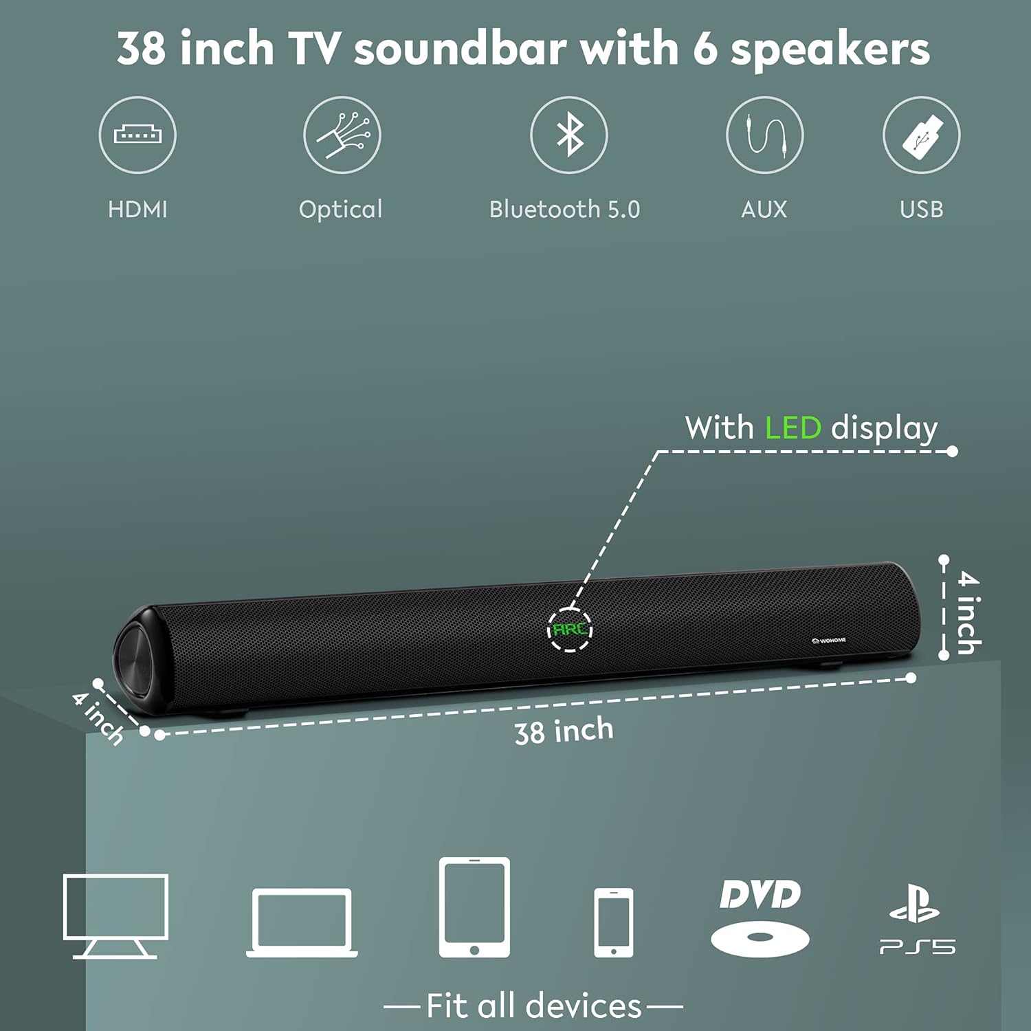 Sound Bar, Wohome 38 Inch 100W Soundbar for TV with 6 Speakers, LED Display, HDMR-ARC, Bluetooth 5.0, Optical, AUX, USB Input