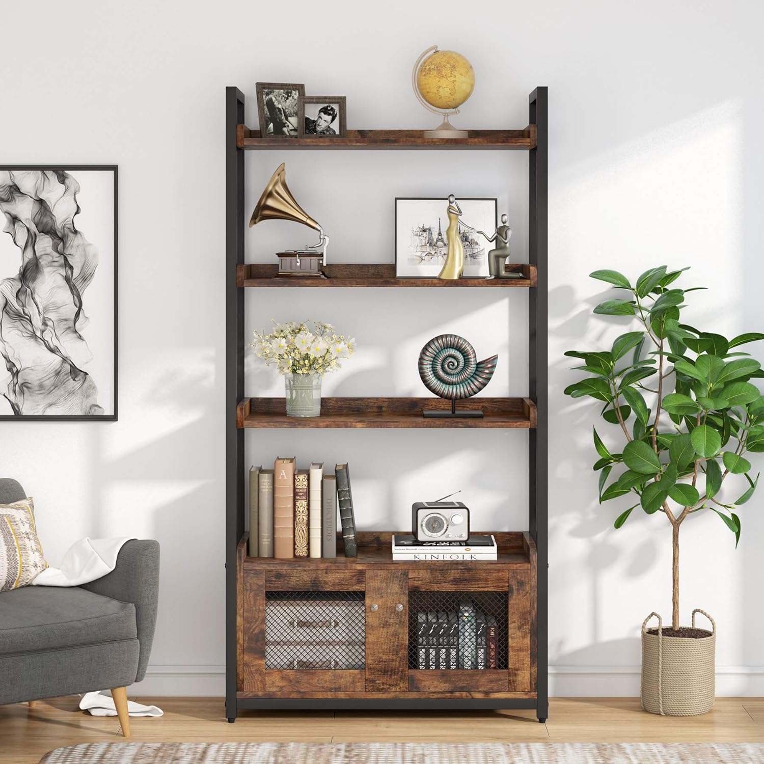 Tribesigns Industrial Bookshelves and Bookcase with 2 Storage Cabinets