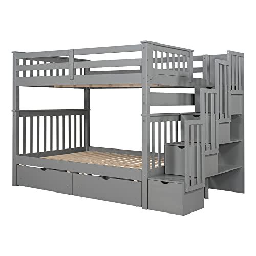 Ball & Cast Twin-Over-Twin Bunk Bed with Twin-Size Trundle and 3 Storage Stairs,Wood Bunkbed w/Full-Length Guardrails,Slat Support