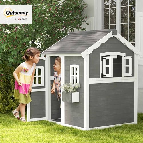 Outsunny Playhouse for Kids, Outdoor Wooden Playhouse with Floor, Door, Windows & Planter Box for 3-8 Year Olds, Backyard, Lawn, Garden, Gray
