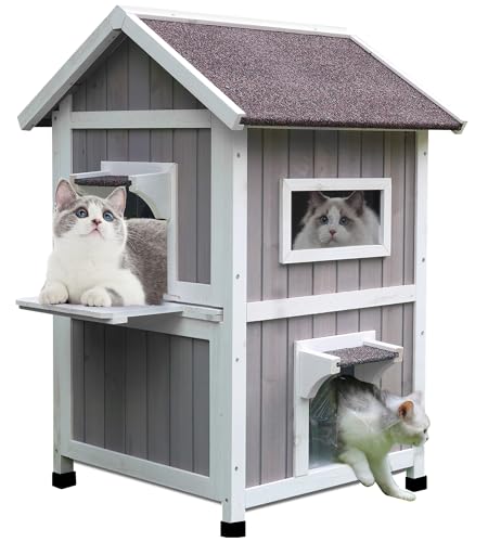 Rockever Outdoor Cat House, Large Outdoor Houses for Feral Cats Wooden Outside Cat Shelter Weatherproof with Escape Door